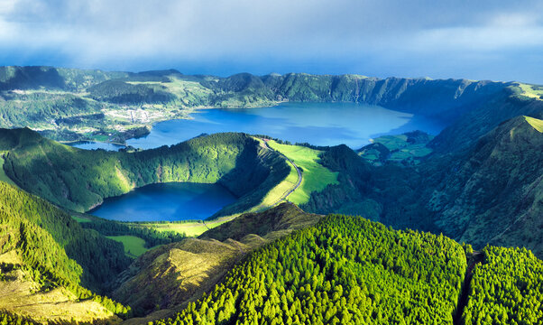 Beautiful lake of Sete Cidades from drone, Azores, Portugal Europe