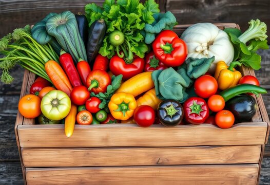 Rustic wooden crate overflowing with vibrant, freshly picked vegetables, greens, broccoli - Powered by Adobe