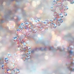Abstract dna molecule strand on a blurred bokeh background with bright light and pastel colors representing science medicine and genetic research for healthcare