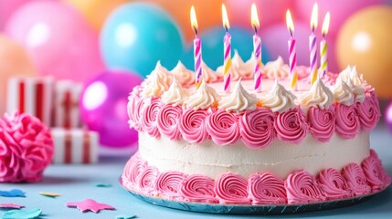 Classic birthday cake adorned with colorful candles ready to be celebrated on a joyful occasion with loved ones