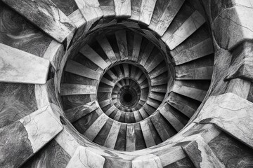 Endless spiral staircase viewed from above, showcasing a mesmerizing architectural design in a historic building
