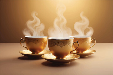 Ornate Golden Teacups with Steam in Warm Evening Light