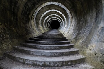 Steps lead into an endless circular tunnel creating a mysterious atmosphere with a sense of depth and intrigue