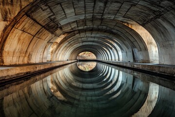 Vaulted bridge structure creates stunning mirror reflection beneath in calm water during early morning light