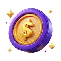 Gold dollar coin with purple border on white background