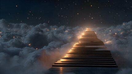 Pathway to the ethereal dreamscape leading beyond the clouds toward a starlit destination horizon