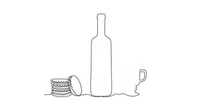 Glass bottle with wine,port, alcohol. wine glass, mulled wine, stack of cookies . continuous single one line art hand drawing sketch logo