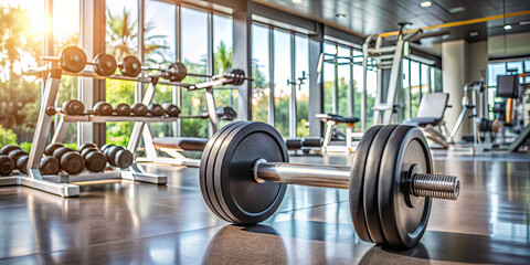 Fototapeta premium A dumbbell is laid on the shiny gym floor, surrounded by various fitness machines and weights. Sunlight filters through expansive windows, enhancing the vibrant atmosphere of the workout space
