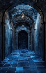 Dark blue hallway with arched ceilings and tiled floor.
