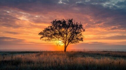 Fototapeta premium A serene sunset over a single tree, casting shadows on the grassy field beneath a colorful sky.