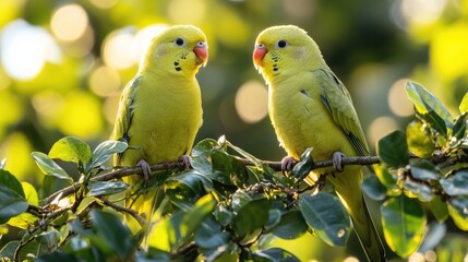 Fototapeta premium Two yellow parakeets perched on a branch