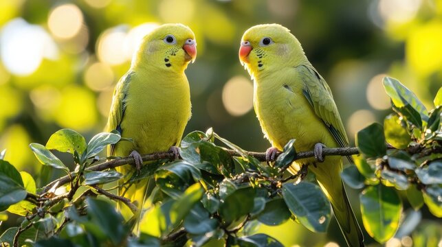 Two yellow parakeets perched on a branch