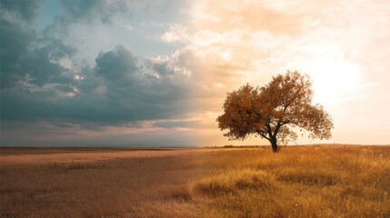 Obraz premium A solitary tree stands in a golden meadow under a dramatic sky, capturing nature's serene beauty at sunset.