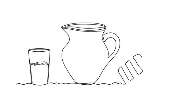 Abstract jug, pitcher for milk, water,juice and Viennese waffles, dessert for breakfast, Self drawing animation one continuous line draw, logo