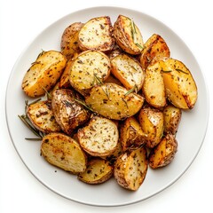 A plate of roasted potatoes with rosemary on a white circular plate
