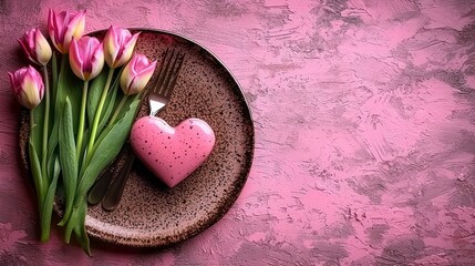Plate with pink heart, fork, tulips on pink background