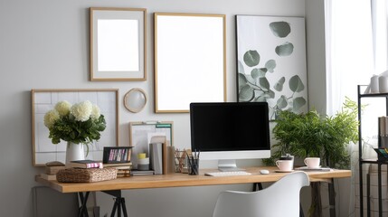 A stylish home office with plants, modern decor, and a sleek computer, perfect for productivity and creativity.
