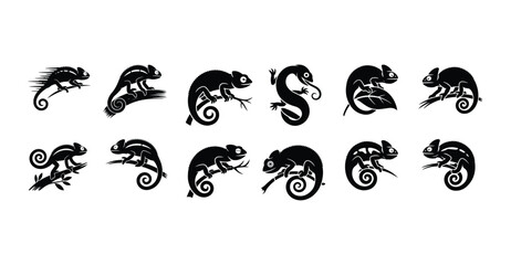 Chameleon Silhouette Set | Reptile Vector Illustration Collection Chameleon Outline Silhouette | Unique Lizard Vector Design