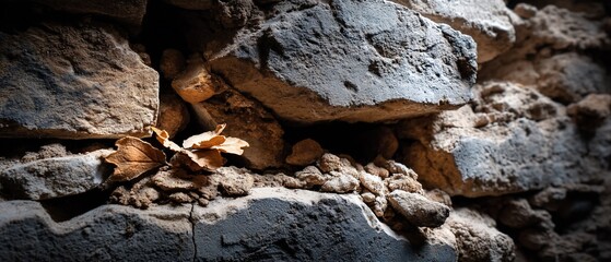 Eroded stone wall with nestled leaves