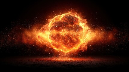 Obraz premium Abstract visualization of an explosive fireball with glowing sparks and radiant energy in a dark atmosphere.