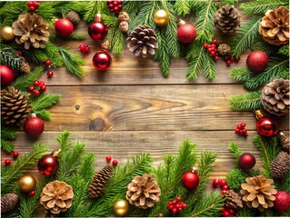 Christmas Ornament Border: Festive Christmas ornaments, pine cones and evergreen branches create a charming border on a rustic wooden background, perfect for holiday cards or winter themed designs. 