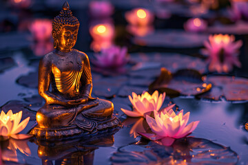 Obraz premium Ancient statue great Buddha on bright holiday composition, abstract vivid composition consists of fictional unreal fantastic vision on background