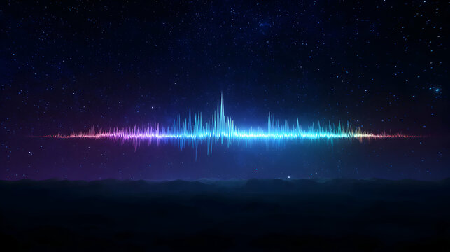 Illuminated soundwave pulsations over mysterious hills in an ethereal starry cosmos scape scene