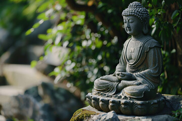 Ancient statue great Buddha on bright holiday composition, abstract vivid composition consists of fictional unreal fantastic vision on background