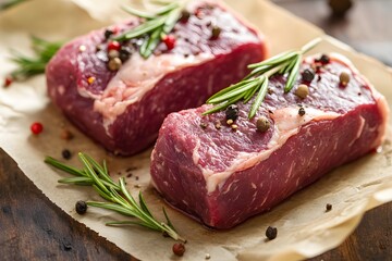 Fototapeta premium Raw Beef Steaks with Rosemary and Peppercorns