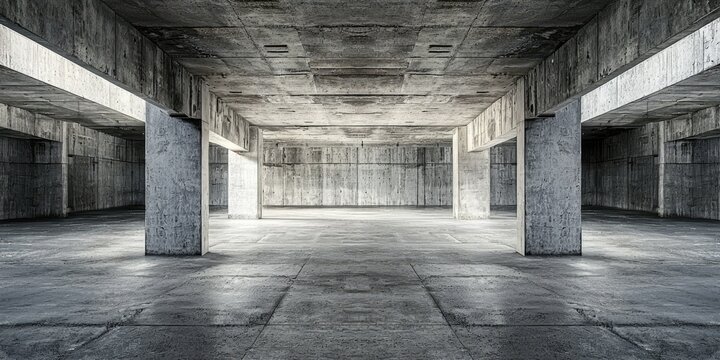 Empty underground parking lot with exposed concrete walls.