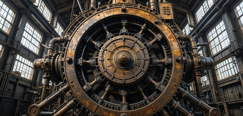 Obraz premium Inside a large, historic factory, a monumental piece of machinery stands out with its complex, circular design and metallic surfaces