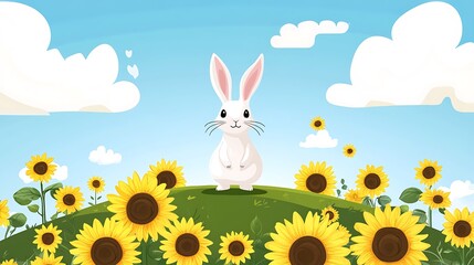 Fototapeta premium Cute bunny in sunflower field.