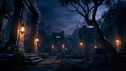 Ancient ruins, bathed in the mysterious light of dusk, evoke a sense of history and forgotten grandeur
