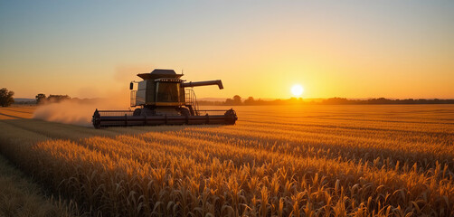 Fototapeta premium A large combine harvester works swiftly across a golden wheat field as the sun sets in the background, painting the sky with vibrant hues. Dust clouds rise around the machine