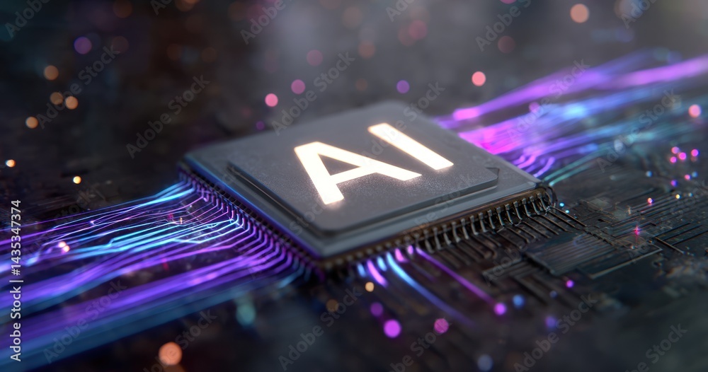 Poster futuristic ai chip glowing with colorful circuit designs representing advanced technology and comput
