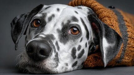 Dog cardigan studio concept. A close-up of a dog with a speckled coat resting on a cozy blanket.