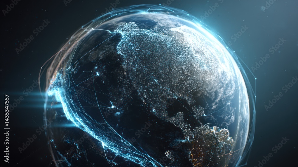 Poster futuristic depiction of earth showcasing interconnected networks and glowing data streams in a digit