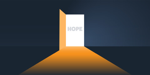 A doorway opens to a bright, light-filled space, with the word HOPE displayed. The contrast between the dark surroundings and the illuminated entrance evokes a sense of optimism and possibility.