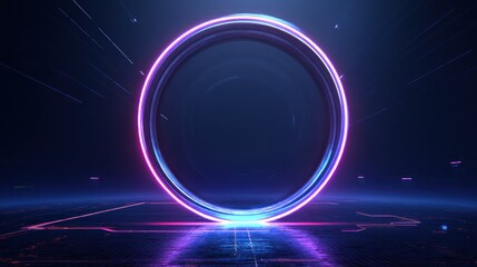 Futuristic glowing circular portal design with vibrant neon lights on a dark background, representing innovation.