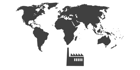 A stylized factory emits thick black smoke from its chimney, which transforms into a World map shape. The continents emerge from the smoke, symbolizing the global impact of industrial pollution.