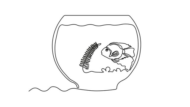 Abstract aquarium with algae, seaweed and fish. Self drawing animation one continuous line draw, logo