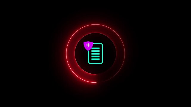 Glowing neon Health insurance icon animation. Health symbol with file document concept with dark background. history or report icon isolated . Patient report card Isolated animation