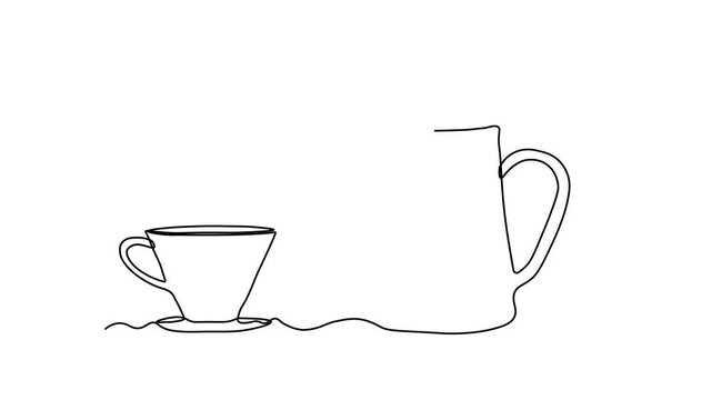 Abstract coffee pot, teapot and cup, Self drawing animation one continuous line draw, logo
