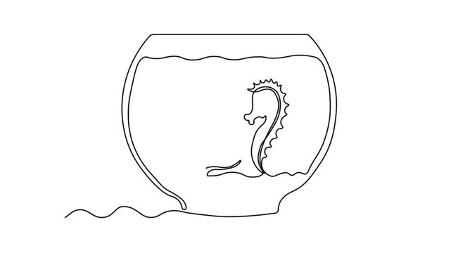 Abstract aquarium with algae, seaweed and seahorse. Self drawing animation one continuous line draw, logo