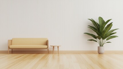 A minimalist living room with a beige sofa, wooden coffee table, and potted plant.