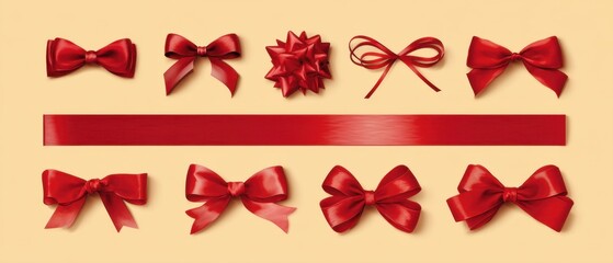 Festive array of vibrant red ribbons and bows arranged on a soft beige background capturing the essence of celebration and elegant gift wrapping for special occasions
