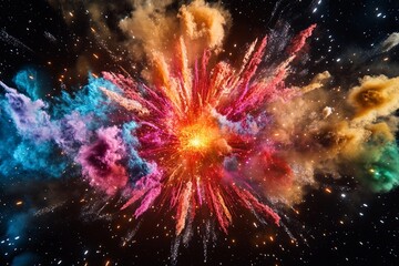 Cosmic explosion showcasing vibrant colors and swirling particles in deep space