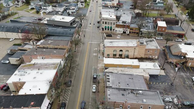 Drone shot of a small town downtown area in Antioch, Illinois