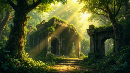 Fototapeta premium Mysterious ruins, hidden deep within a sun-drenched forest, with light filtering through the trees. The weathered architecture and overgrown vegetation create a sense of history and wonder