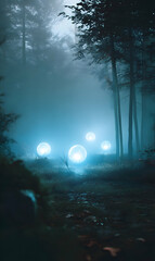 Mystical orbs illuminate a serene forest floor casting an ethereal glow in the fading twilight